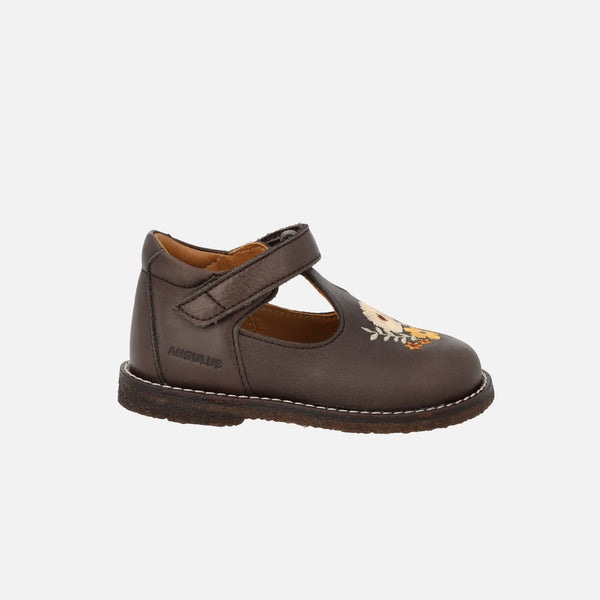 Toddler T-Bar Shoes With Flower Embroidery in brown