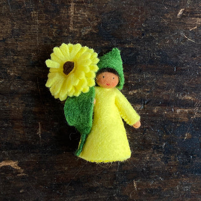 Handmade Wool Flower Fairy - Yellow Calendula - Brown