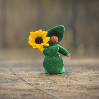 Handmade Wool Fairy Boy Holding Flower - Sunflower - Brown