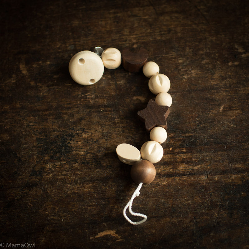 Wooden Pacifier Clip/Holder with Star & Moon