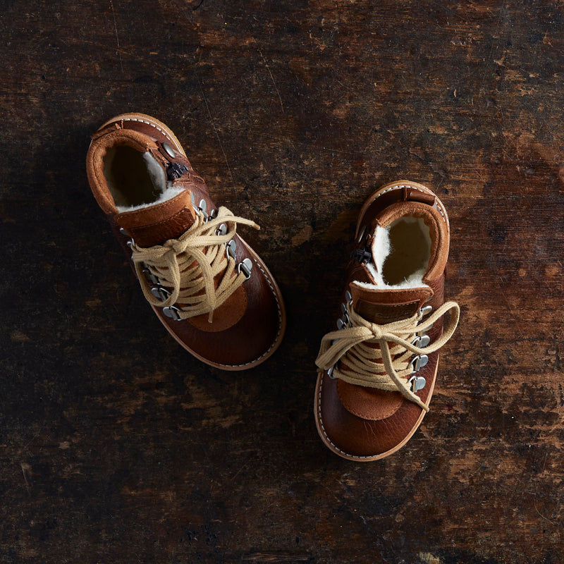 Kids Wool Lined Waterproof Lace Up Boots w/ Zip - Cognac