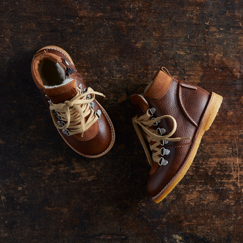 Kids Wool Lined Waterproof Lace Up Boots w/ Zip - Cognac