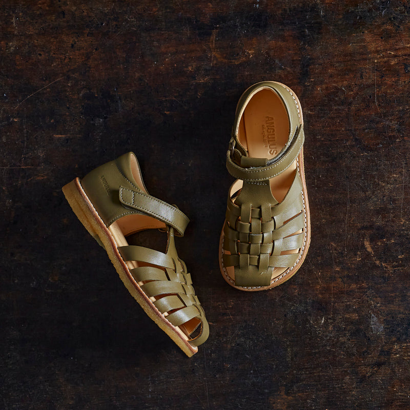 Kids Leather Woven Sandals - Olive