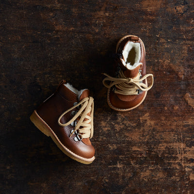 Toddler Wool Lined Waterproof Lace Up Leather Boots w/ Zip - Cognac