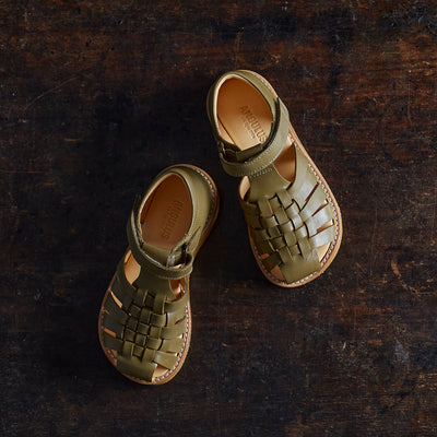 Kids Leather Woven Sandals - Olive