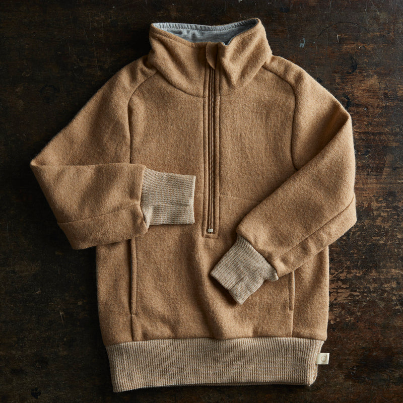 Light Weight Boiled Merino Wool Half Zip Sweater - Caramel