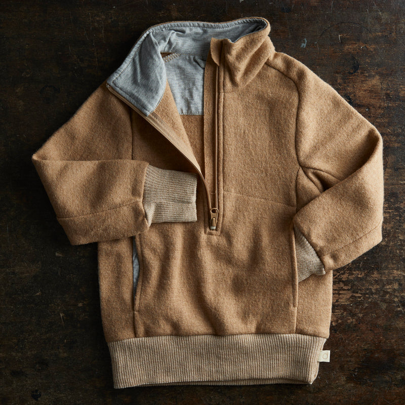 Light Weight Boiled Merino Wool Half Zip Sweater - Caramel