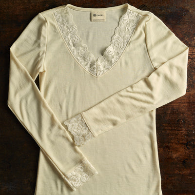 Women's Merino Wool & Silk LS Lace Top - Natural