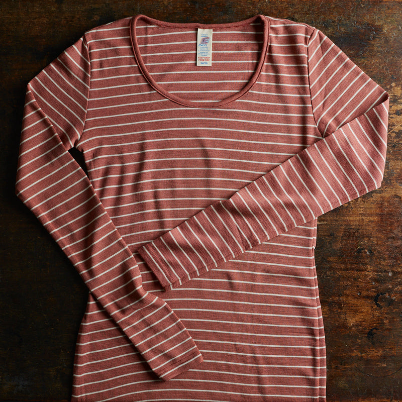 Womens Merino Wool & Silk LS Top - Copper Stripe