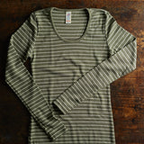 Womens Merino Wool & Silk LS Top - Olive Stripe