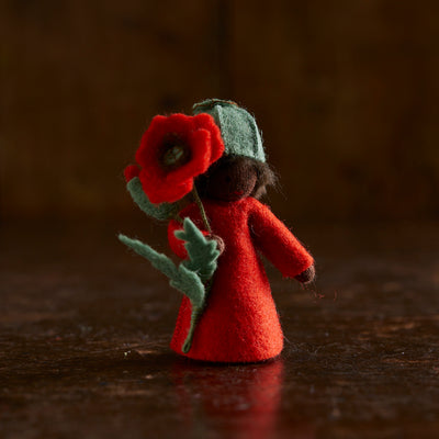 Handmade Wool Fairy Boy Holding Flower - Poppy - Black