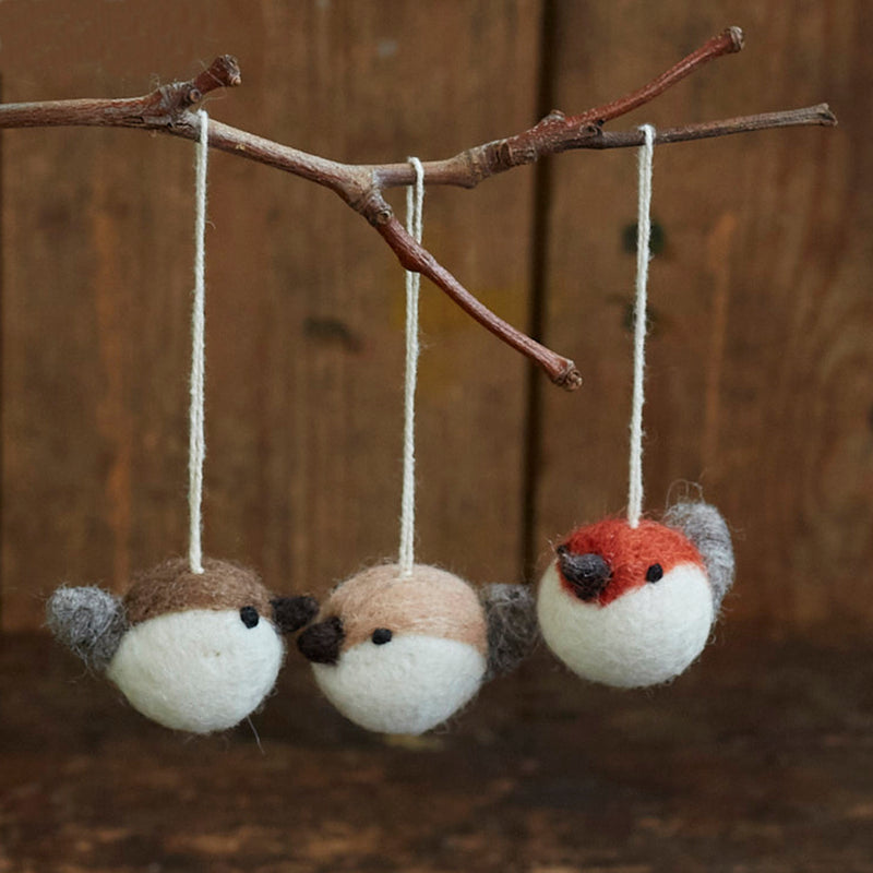 Handmade Felted Wool Bird Decorations - Set of 3 - Brown