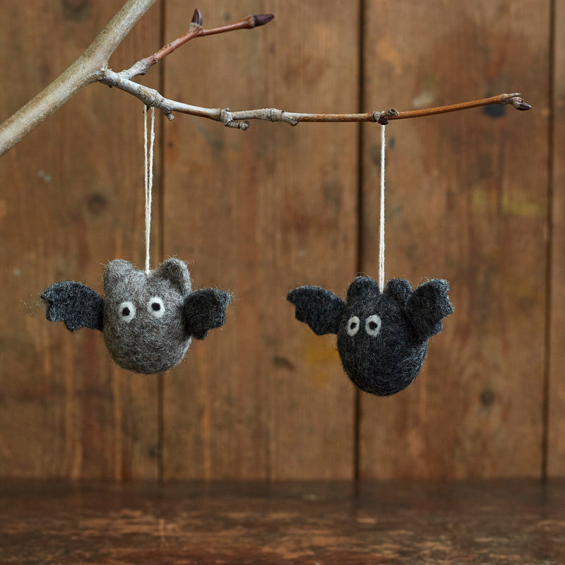 Handmade Felted Wool Bat Decorations - Set of 2