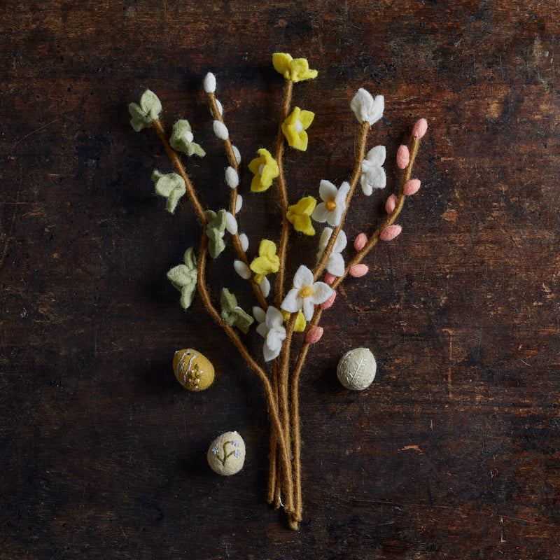 Handmade Felted Wool Flowers on Stalk - Light Yellow