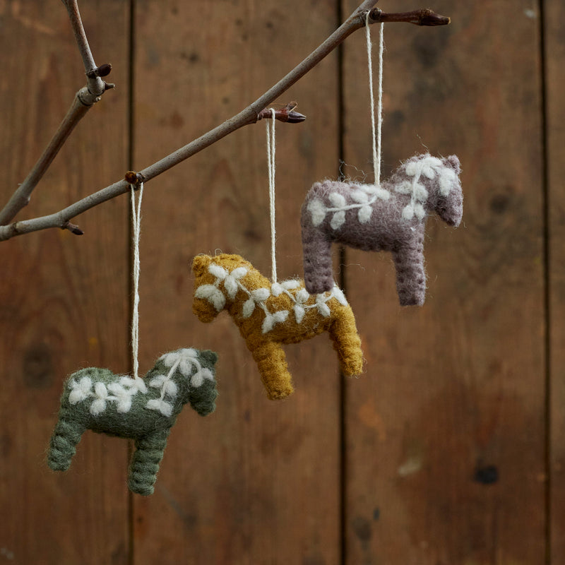 Handmade Felted Wool Dala Horse Decorations - Set of 3