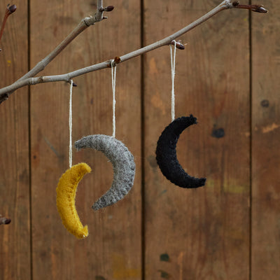 Handmade Felted Wool Moon Decorations - Set of 3