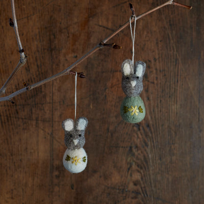 Handmade Felted Wool Bunny Decorations - Set of 2 - Grey