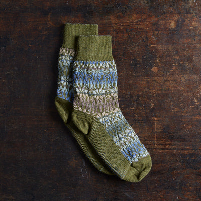 Adults Wool Nordic Star Socks - Olive/Multi