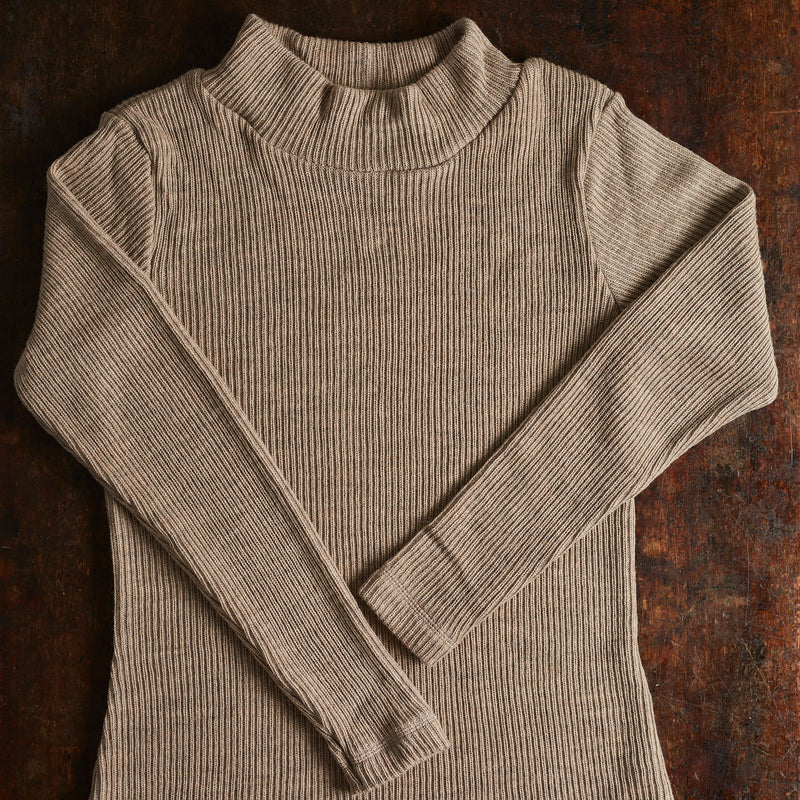 Womens Merino Wool Heavy Rib Turtle Neck Top - Sand Melange