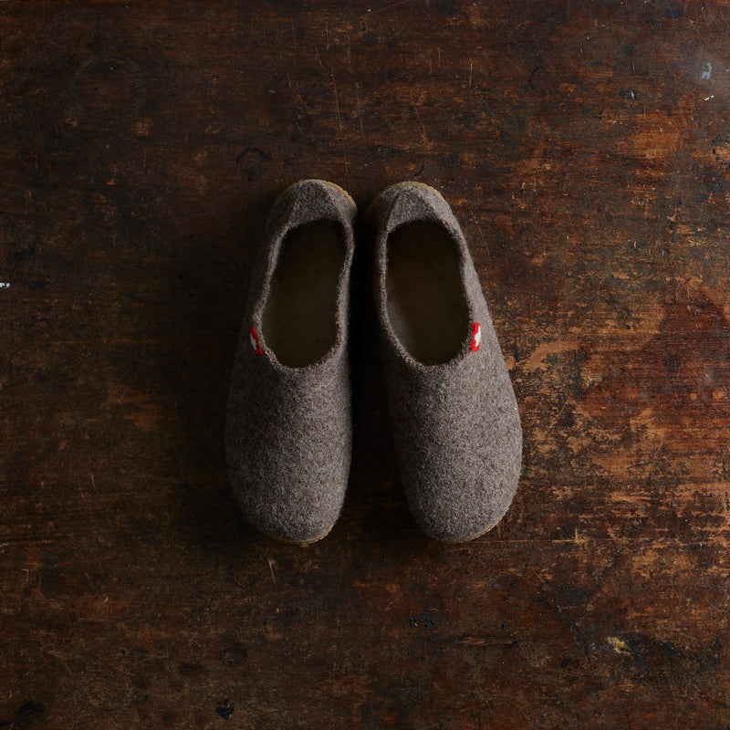 Felted Wool Swiss Cross Slipper Shoe - Brown Melange