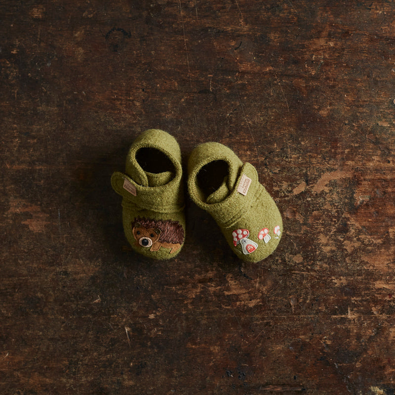 Boiled Wool Slipper Shoe - Olive Hedgehog