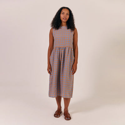 Womens Linen/Cotton Tally Dress - Orange Mix Check