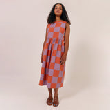 Womens Linen/Cotton Tally Dress - Lilac/Tomato Patchwork