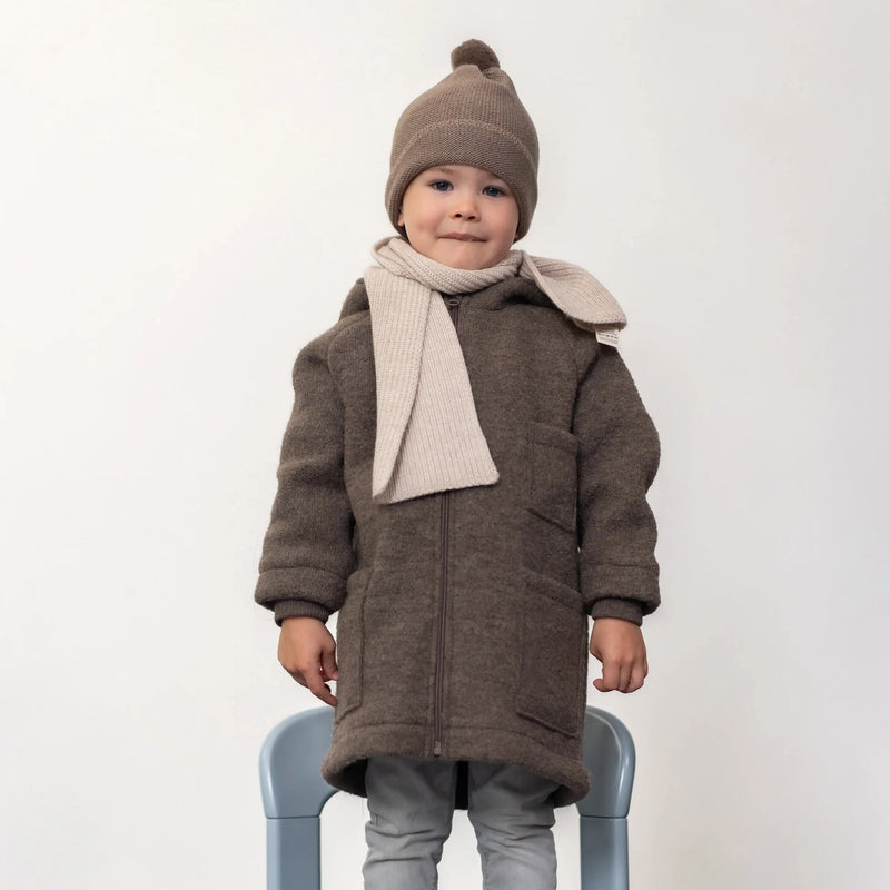 Kids Boiled Merino Wool Hooded Coat - Nut