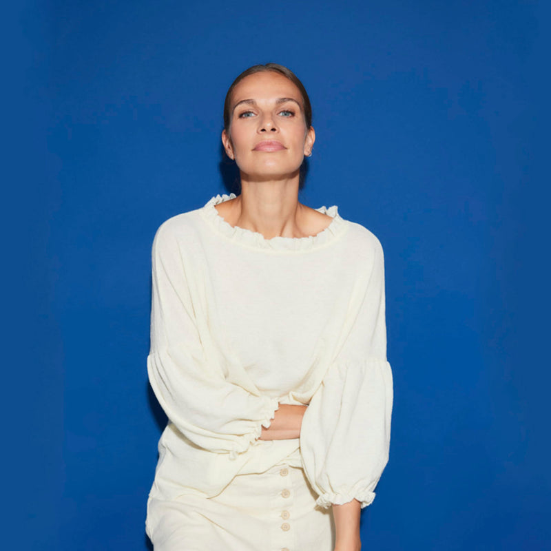 Women's Wool Crepe Ruffle Neck Top - Natural