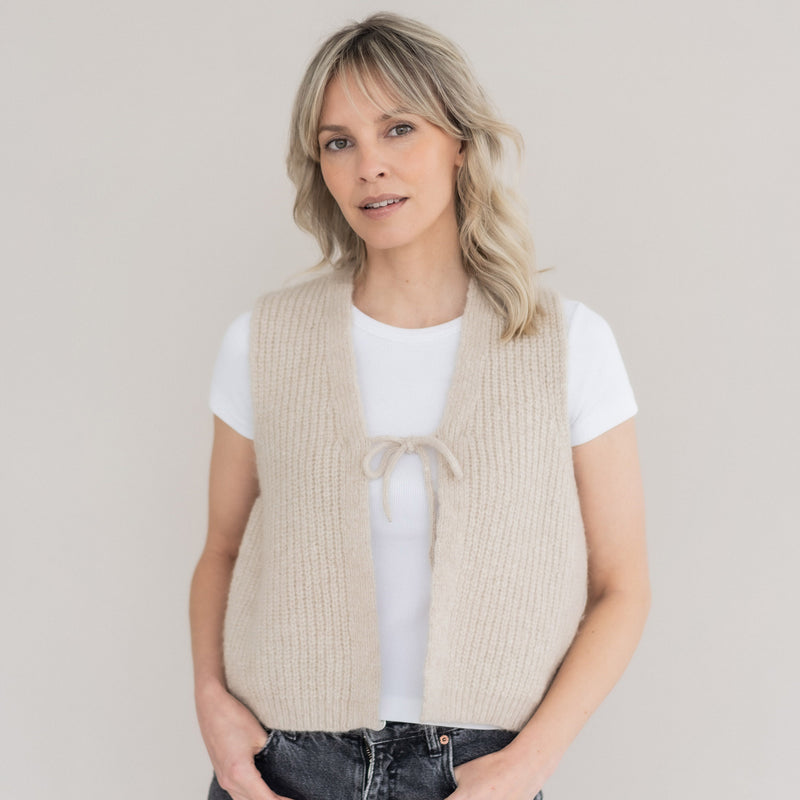 Women's Merino Wool/Alpaca/Silk Tie Vest - Beige