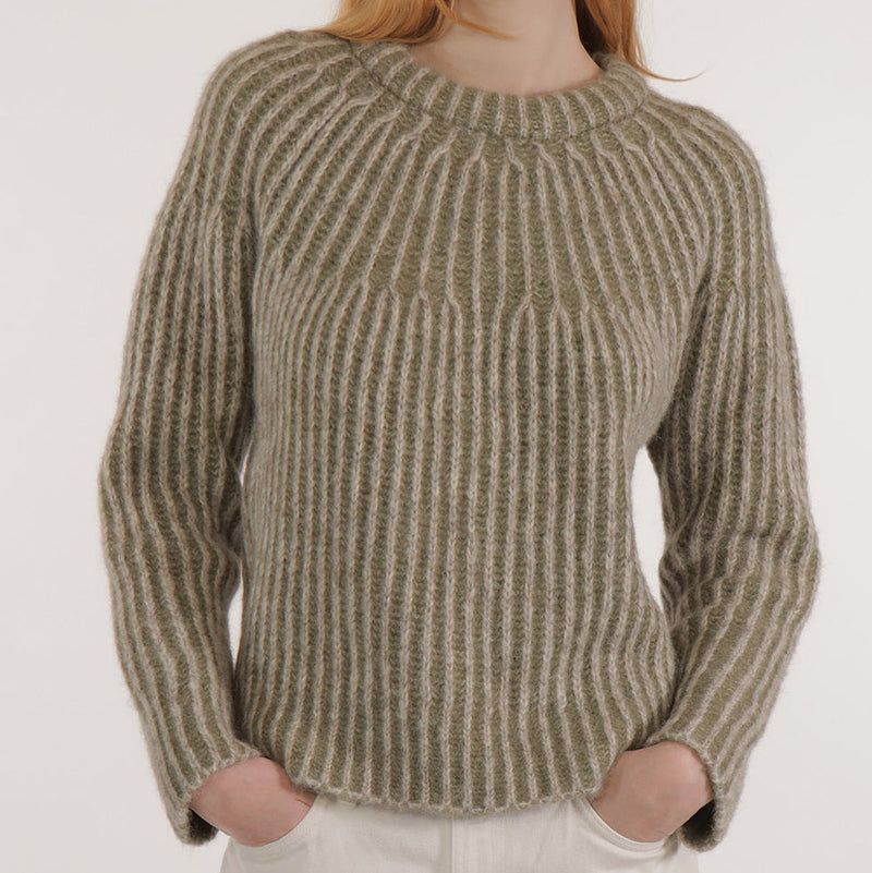 Women's Alpaca/Cotton Iris Rib Sweater - Khaki/Grey