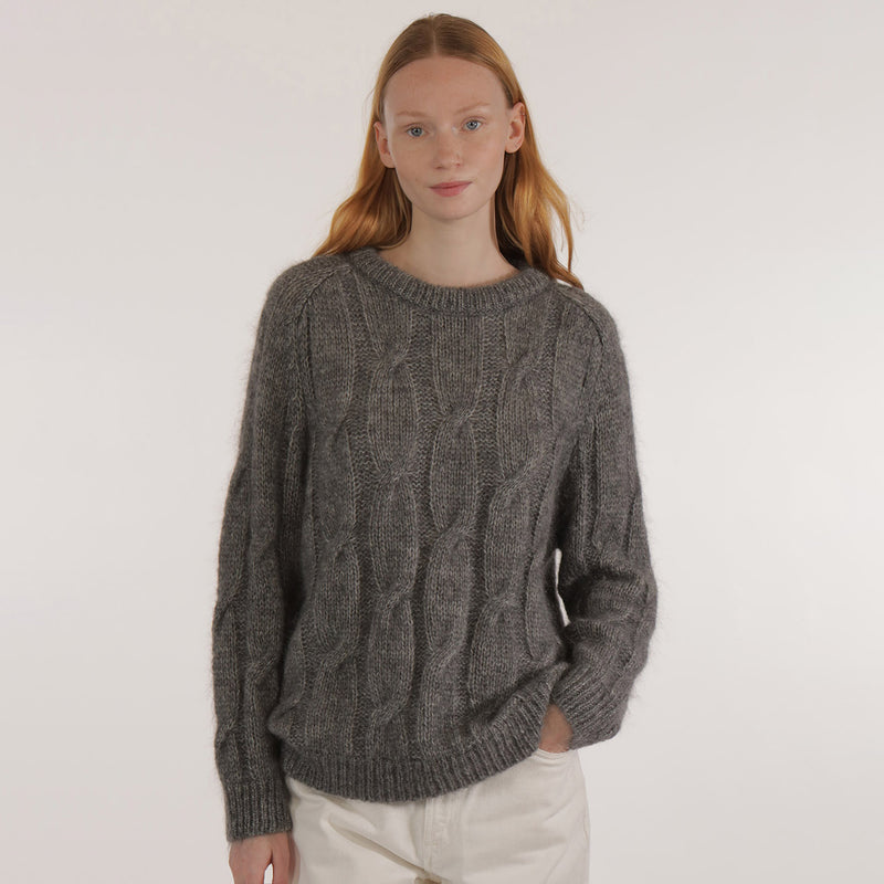 Women's Mohair/Merino Wool Iroise Cable Sweater - Grey Chine