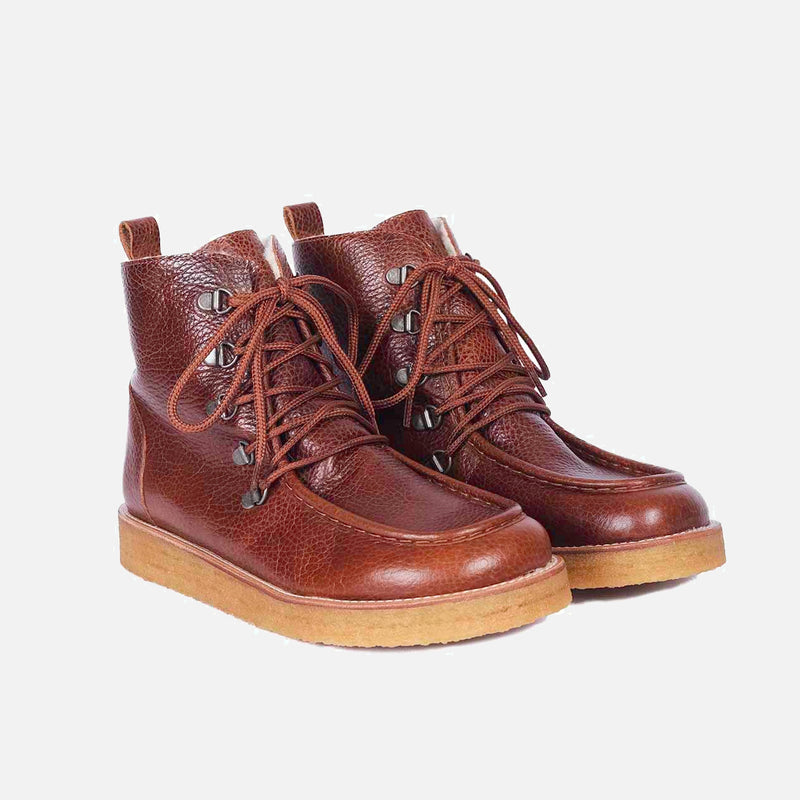 Women's Wool Lined Boots With Laces- Cognac