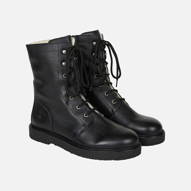 Women's Wool Lined Lace-up Boots w/Zipper in black