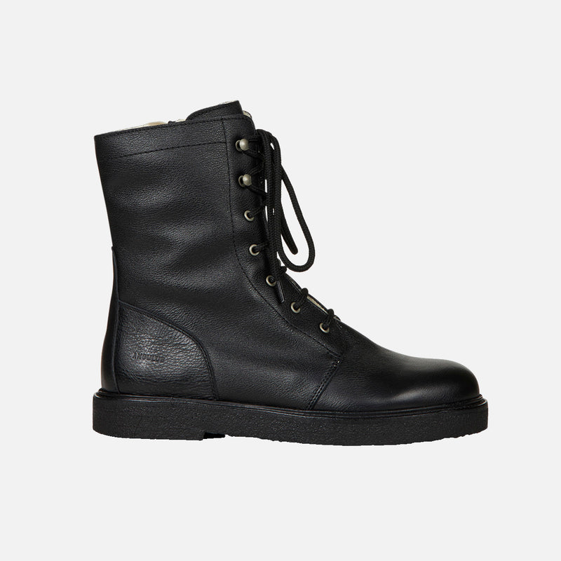 Women's Wool Lined Lace-up Boots w/Zipper - Black