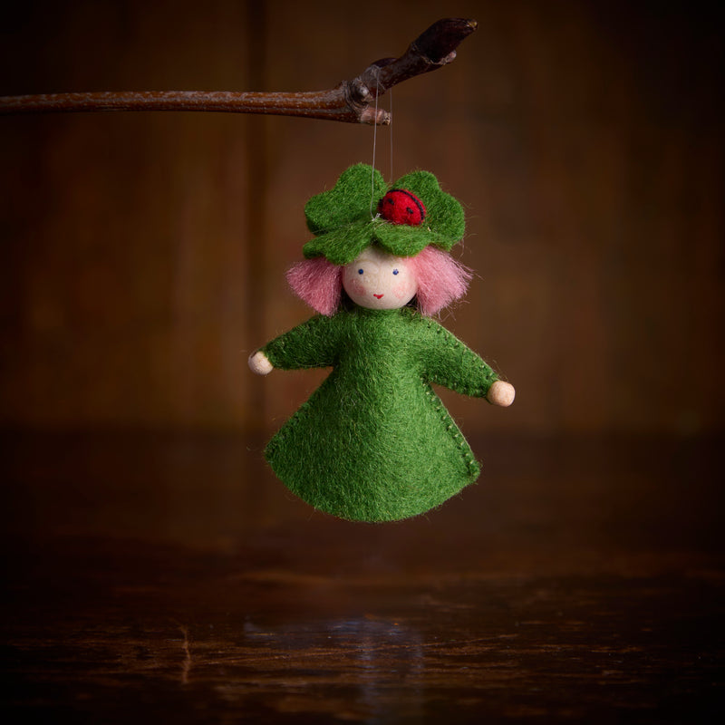 Handmade Small Wool Hanging Fairy - Clover Girl - White
