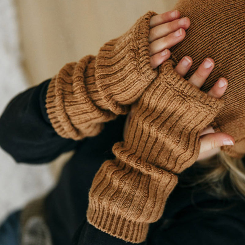 Merino Wool Rib Wrist Warmers - Caramel