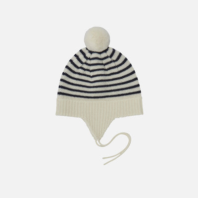 Baby Merino Wool Pompom Hat - Ecru/Dark Navy
