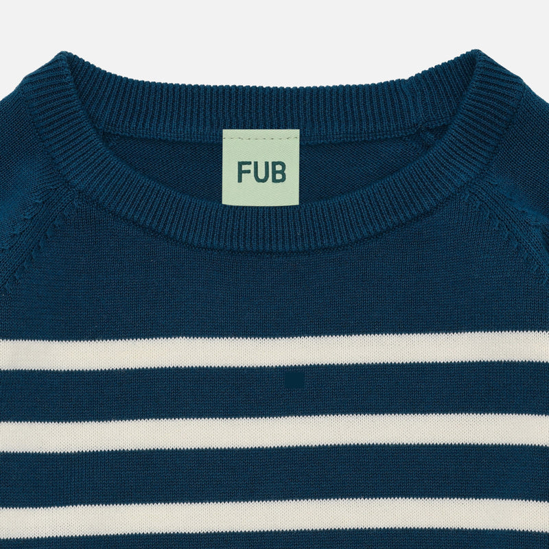 Kids Cotton Knitted LS Crew Top - Ocean/Ecru