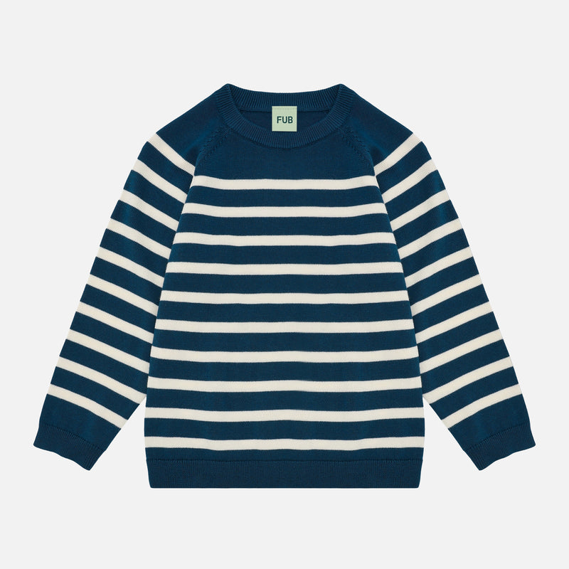 Kids Cotton Knitted LS Crew Top - Ocean/Ecru