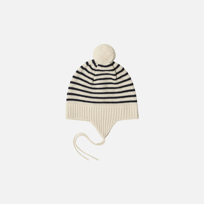 Baby Merino Wool Pom Pom  Hat - Ecru/Dark Navy