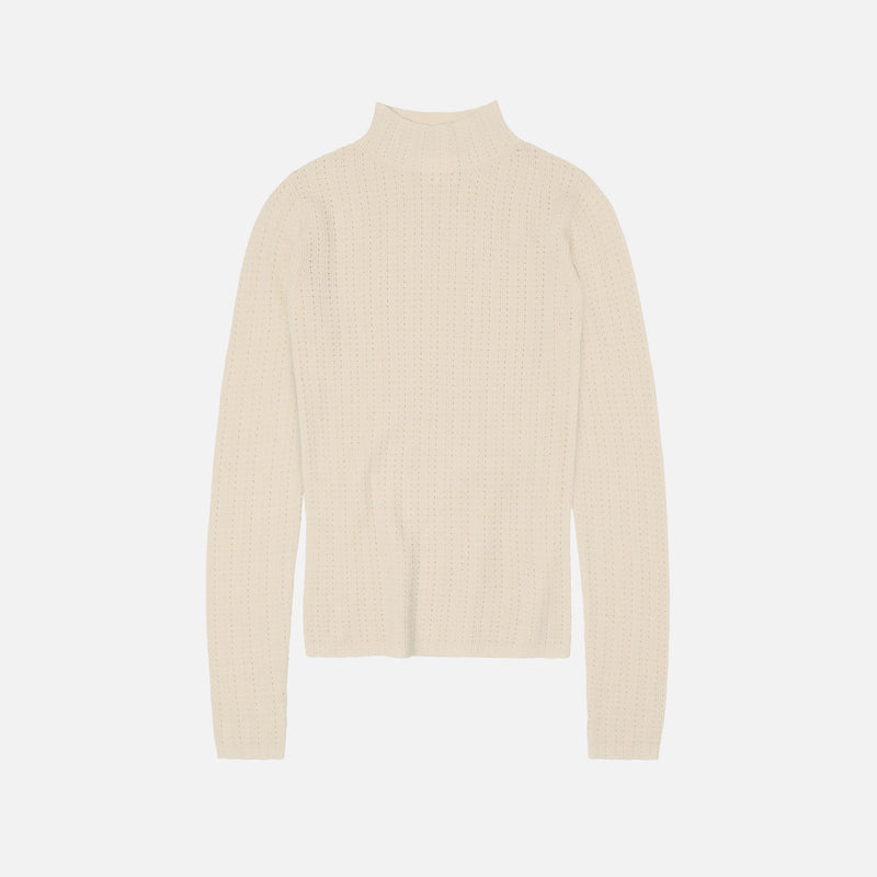 Women's Merino Wool High Neck Pointelle Top - Ecru