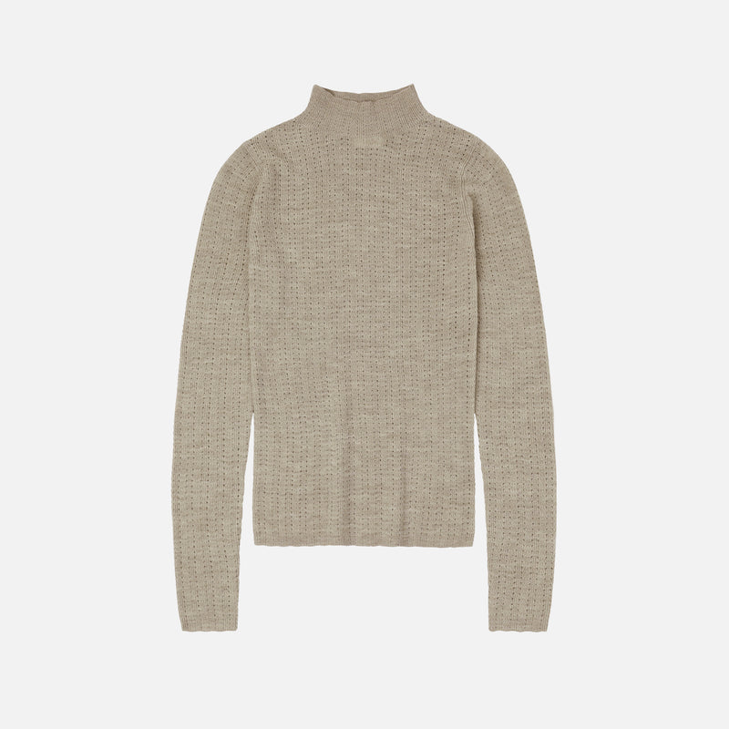 Women's Merino Wool High Neck Pointelle Top - Oat Melange