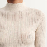 Women's Merino Wool High Neck Pointelle Top - Ecru