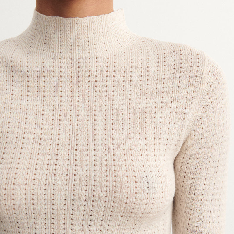 Women's Merino Wool High Neck Pointelle Top - Ecru