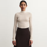 Women's Merino Wool High Neck Pointelle Top - Ecru