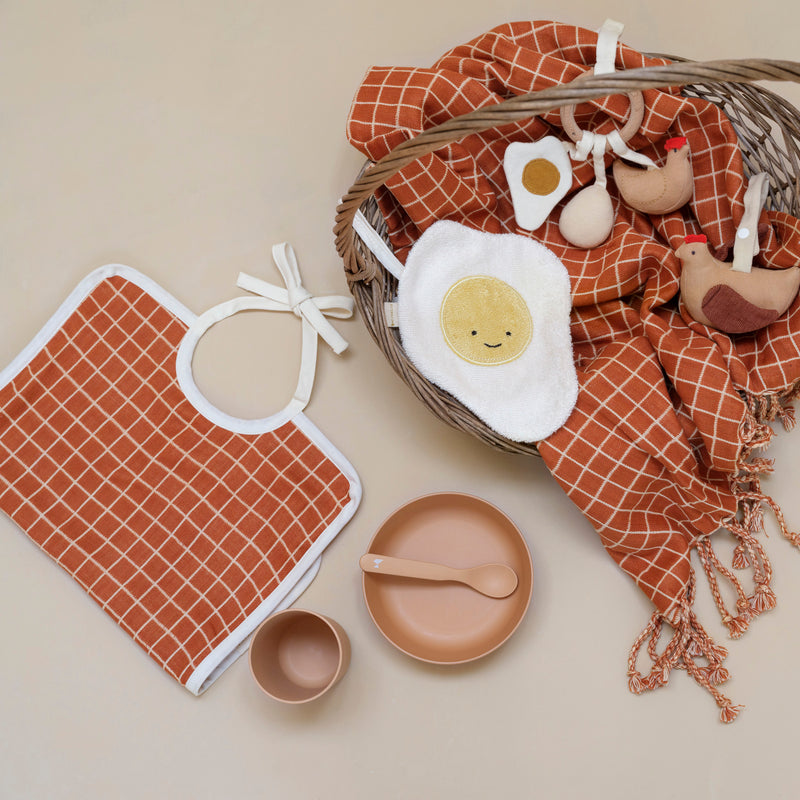 Cotton Feeding Bib - Grid/Cinnamon