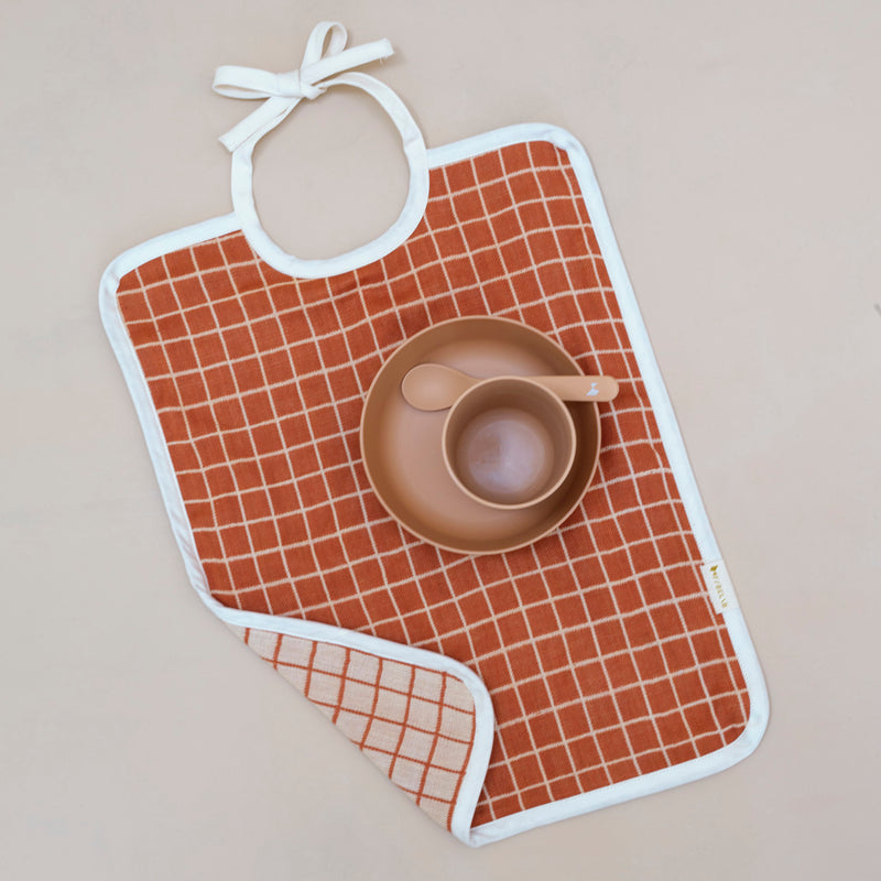Cotton Feeding Bib - Grid/Cinnamon