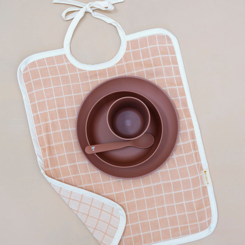 Cotton Feeding Bib - Grid/Dusty Rose