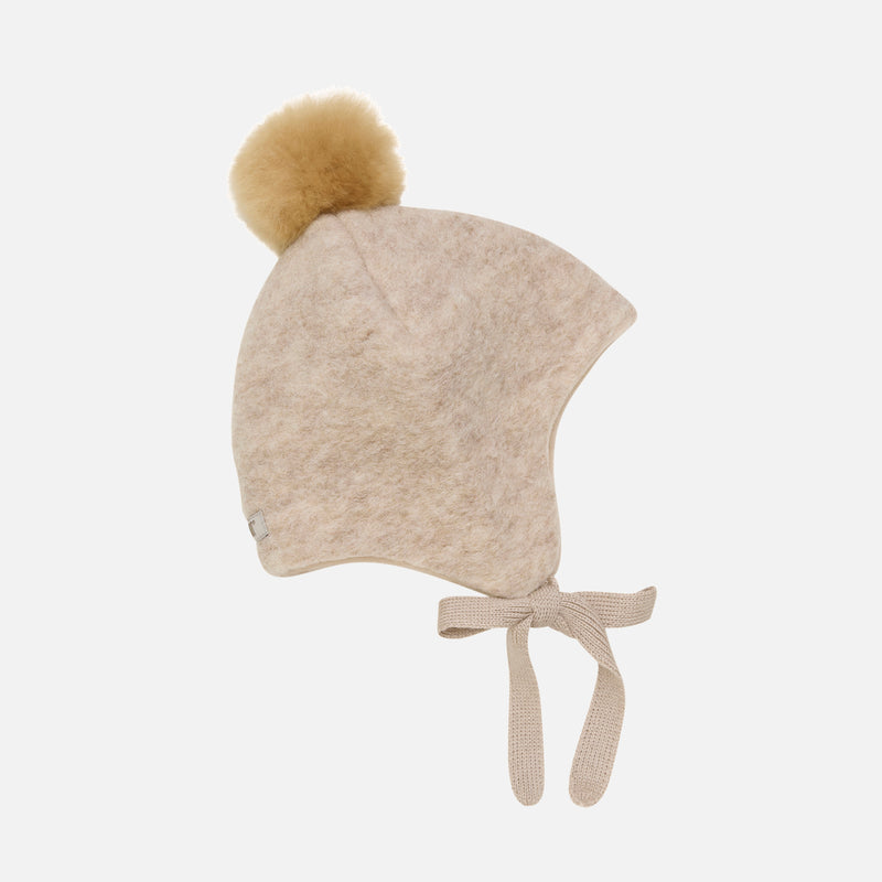 Baby Wool Felt Pom Pom Bonnet - Camel Melange